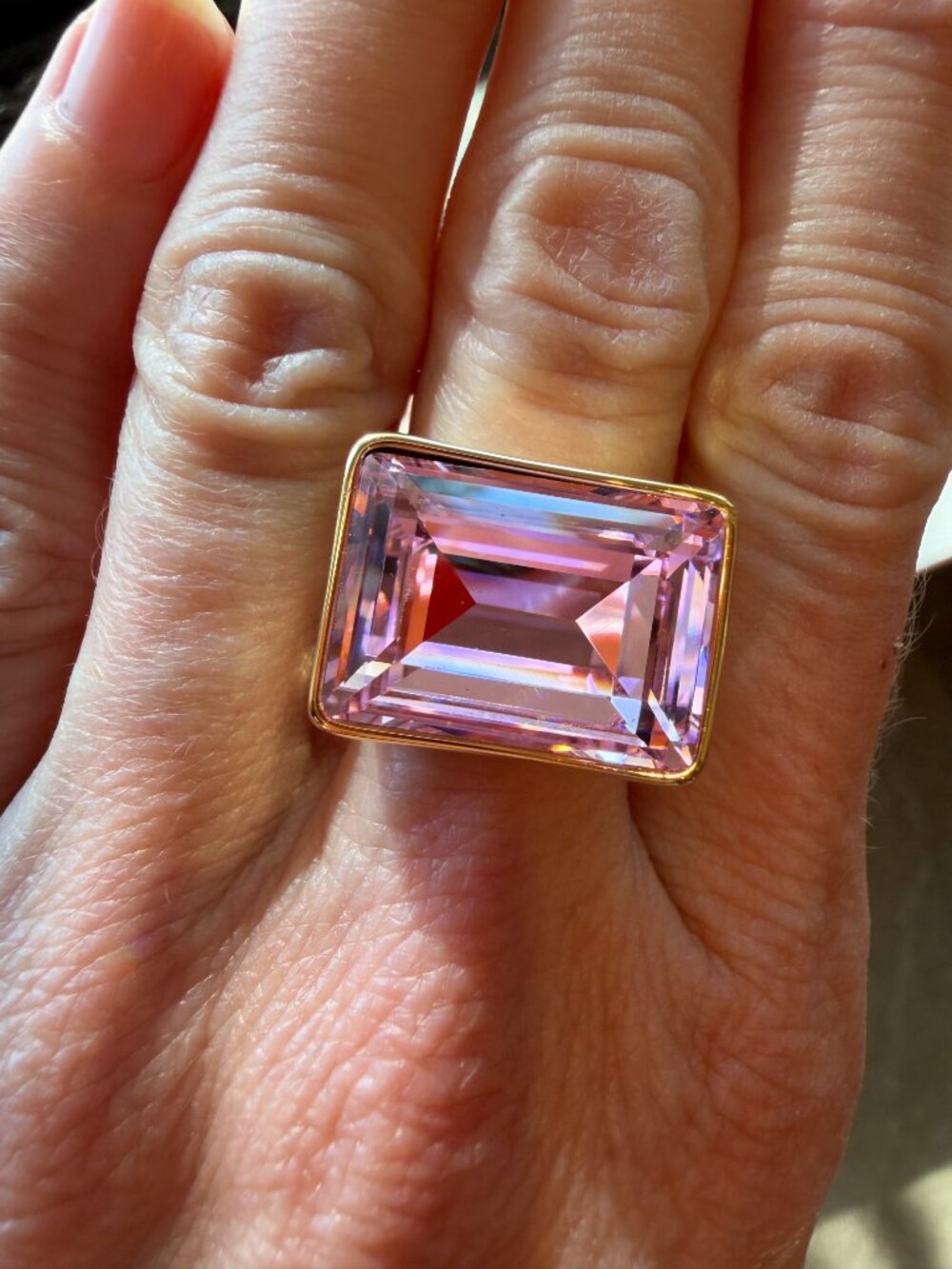NWT Piper K 14K Gold Plate East-West Rectangular Pink Crystal Statement Ring